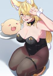 Rule 34 | 1girl, absurdres, animal ear fluff, animal ears, arm up, bare shoulders, blush, breasts, character request, cleavage, collarbone, commentary request, copyright request, covered erect nipples, covered navel, detached collar, glasses, hair over one eye, highres, large breasts, long hair, looking at viewer, open mouth, pantyhose, plump, rabbit tail, shadow, simple background, squatting, tail, tajyador, tareme, thick thighs, thigh strap, thighs, virtual youtuber, wrist cuffs, yellow eyes