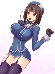 Rule 34 | 10s, 1girl, abu, beret, black gloves, black hair, black thighhighs, bob cut, breasts, garter straps, gloves, hat, impossible clothes, kantai collection, large breasts, looking at viewer, microskirt, military, military uniform, open mouth, panties, pencil skirt, red eyes, short hair, skirt, solo, takao (kancolle), thighhighs, underwear, uniform, white panties, zettai ryouiki