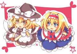 Rule 34 | 2girls, acoco, alice margatroid, apron, ascot, blue eyes, blush, book, braid, broom, broom riding, capelet, grimoire, grimoire of alice, hat, highres, holding, holding book, kirisame marisa, long hair, multiple girls, open mouth, short hair, side braid, touhou, waist apron, witch hat, yellow eyes