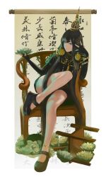 Rule 34 | 1girl, absurdres, anklet, bare legs, black dress, black hair, bracelet, calligraphy, chair, crown, dress, fingerless gloves, gloves, gold bracelet, grey hair, hair ornament, hanging scroll, highres, jewelry, knee up, leaning to the side, light smile, limit, long hair, looking at viewer, mary janes, necklace, painttool sai (medium), punishing: gray raven, qu (punishing: gray raven), scroll, shoes, short dress, sitting, solo, tassel, tassel hair ornament, very long hair