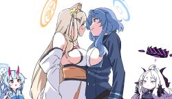 Rule 34 | 4girls, ahoge, ako (blue archive), animal ears, aqua hair, blonde hair, blue archive, blush, braid, breast press, breasts, chise (blue archive), closed mouth, detached sleeves, eye contact, flower, fur trim, hair flower, hair ornament, hairband, halo, highres, hina (blue archive), horns, jacket, japanese clothes, kaho (blue archive), large breasts, long hair, looking at another, medium breasts, multiple girls, ojin, oni horns, parted lips, sailor collar, sideboob, simple background, symmetrical docking, white background, white flower, white hair, white sailor collar, wide sleeves