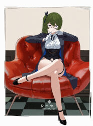 Rule 34 | 1girl, absurdres, alternate costume, bespectacled, black coat, black panties, chair, checkered floor, closed mouth, coat, coattails, couch, crossed legs, edgar syu, full body, glasses, gloves, green hair, highres, index finger raised, indoors, looking at viewer, lounge chair, neck ribbon, on couch, panties, purple eyes, ribbon, shirt, side ponytail, sitting, smile, solo, sousou no frieren, thigh strap, thighs, twitter username, ubel (sousou no frieren), underwear, white gloves, white shirt