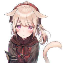 Rule 34 | 1girl, :&lt;, animal ears, warrior of light (ff14), bad id, bad twitter id, black jacket, blush, cat ears, cat girl, cat tail, closed mouth, commentary, ears down, facial mark, final fantasy, final fantasy xiv, jacket, light brown hair, long hair, looking at viewer, midorikawa you, miqo&#039;te, ponytail, purple eyes, simple background, solo, symbol-only commentary, tail, tail raised, upper body, whisker markings, white background