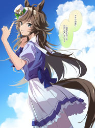 Rule 34 | 1girl, ahoge, animal ears, brown hair, cloud, green eyes, hair ornament, hairclip, hands up, hat, horse ears, horse girl, horse tail, index finger raised, long hair, looking at viewer, looking to the side, mini hat, mini top hat, misu kasumi, mr. c.b. (umamusume), outdoors, puffy short sleeves, puffy sleeves, purple shirt, sailor collar, school uniform, shirt, short sleeves, skirt, smile, solo, speech bubble, tail, teeth, thighhighs, top hat, tracen school uniform, translation request, umamusume, white skirt