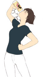 Rule 34 | 00s, 1girl, alcohol, beer, beer can, black shirt, blouse, blush, brown hair, can, closed eyes, drink can, drinking, gake no ue no ponyo, hand on own hip, jas (littlecrime), lisa (ponyo), shirt, short hair, simple background, solo, studio ghibli, white background