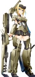Rule 34 | 1girl, armor, black thighhighs, blonde hair, blue eyes, blush, closed mouth, commentary request, detached collar, diffraction spikes, doko tetora, expressionless, eyes visible through hair, frame arms girl, full body, gluteal fold, gourai, gun, hair between eyes, headgear, highres, holding, holding gun, holding weapon, looking at viewer, m1 bazooka, mecha musume, panties, rocket launcher, shiny skin, short hair, shoulder cannon, simple background, skirt, solo, standing, striped clothes, striped panties, thighhighs, underwear, weapon, white background