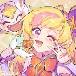Rule 34 | 1girl, blonde hair, fingernails, hair between eyes, highres, league of legends, long hair, looking at viewer, nail polish, official alternate costume, official alternate hairstyle, one eye closed, open mouth, pink eyes, seraphine (league of legends), smile, solo, star guardian (league of legends), star guardian pet, star guardian seraphine, upper body, v, yellow nails, ztdlb