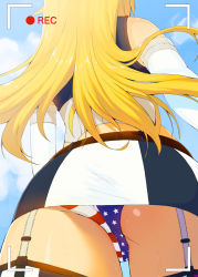 Rule 34 | 10s, 1girl, american flag panties, american flag print, ass, back, bad id, bad pixiv id, belt, blonde hair, blue sky, cloud, cowboy shot, crotch seam, day, flag print, from behind, from below, garter straps, gloves, iowa (kancolle), kantai collection, long hair, miniskirt, panties, pantyshot, print panties, recording, skirt, sky, sleeveless, solo, standing, star (symbol), star print, striped, sweat, tear tear0320, underwear, upskirt, vertical stripes