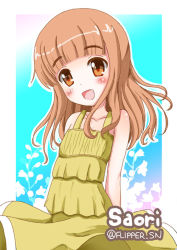 Rule 34 | 1girl, :d, aged down, arms behind back, blunt bangs, casual, character name, commentary, dress, flipper, girls und panzer, long hair, looking at viewer, one-hour drawing challenge, open mouth, orange eyes, orange hair, outline, smile, solo, standing, sundress, takebe saori, twintails, white outline, wind, wind lift, yellow dress