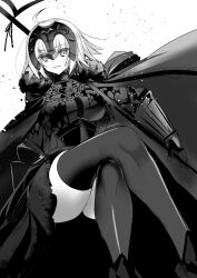Rule 34 | 1girl, ahoge, armor, armored dress, breasts, cape, chain, commentary request, crossed legs, dress, fate/grand order, fate (series), flag, fur-trimmed cape, fur trim, gauntlets, greyscale, grin, hair between eyes, headpiece, highres, holding, holding polearm, holding weapon, izumiya otoha, jeanne d&#039;arc alter (avenger) (fate), jeanne d&#039;arc alter (fate), large breasts, looking at viewer, monochrome, plackart, polearm, short hair, smile, solo, thighhighs, thighs, twitter username, weapon