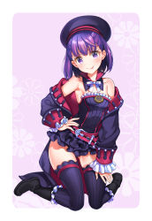 Rule 34 | 1girl, :p, absurdres, bad id, bad pixiv id, belt, belt buckle, beret, black footwear, blush, boots, bow, breasts, buckle, closed mouth, collarbone, commentary request, dress, fate/grand order, fate (series), fingernails, hair between eyes, hand on own hip, hat, head tilt, helena blavatsky (fate), helena blavatsky (third ascension) (fate), highres, jacket, kneeling, long sleeves, off shoulder, puffy long sleeves, puffy sleeves, purple dress, purple eyes, purple hair, purple hat, purple jacket, purple thighhighs, red belt, ribbed legwear, sefirot, shiosoda, sleeves past wrists, small breasts, smile, solo, strapless, strapless dress, thighhighs, tongue, tongue out, white bow