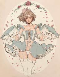 Rule 34 | 1girl, breasts, collar, cropped legs, feet out of frame, flower, frills, highres, jasmin darnell, large breasts, light brown hair, lips, looking at viewer, nail polish, navel, original, outstretched arms, petals, red flower, red nails, red rose, rose, solo, thighhighs, white thighhighs, wings