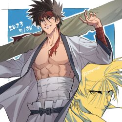 Rule 34 | 1boy, abs, black hair, border, brown eyes, brown hair, collarbone, commentary request, dated, grin, hair between eyes, hands up, headband, highres, huge weapon, japanese clothes, looking at viewer, male focus, midriff sarashi, multiple views, muscular, muscular male, okurase, open clothes, open shirt, outside border, pants, parted lips, pectorals, red headband, rurouni kenshin, sagara sanosuke, sarashi, short hair, smile, spiked hair, twitter username, upper body, weapon, white border, white pants