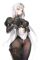 Rule 34 | 1girl, absurdres, armor, armored bodysuit, armored gloves, blush, bodysuit, breasts, brown bodysuit, cleavage, clothes lift, covered navel, elbow gloves, gloves, goddess of victory: nikke, highres, large breasts, lifted by self, long hair, long sleeves, looking to the side, modernia (nikke), pantyhose, red eyes, see-through, see-through cleavage, shoulder armor, simple background, single thighhigh, solo, takune019, thighhighs, thighs, white hair