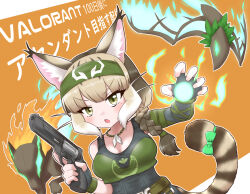 Rule 34 | 1girl, animal ears, bandana, belt, cat ears, cat girl, cat tail, extra ears, fingerless gloves, gloves, green eyes, grey hair, gun, highres, jewelry, jungle cat (kemono friends), kemono friends, kemono friends v project, long hair, looking at viewer, mabuta (mbt), necklace, pants, parody, simple background, solo, tail, tank top, valorant, virtual youtuber, weapon