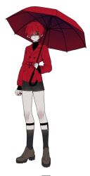 1boy aged_down bisu_(hw3op) coat commentary_request dilated_pupils full_body hair_over_one_eye highres holding holding_umbrella homicipher kneehighs korean_commentary looking_at_viewer male_focus mr._scarletella red_coat red_eyes red_hair red_nails red_umbrella short_hair shorts simple_background socks solo standing umbrella white_background