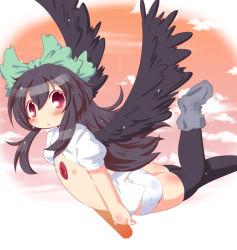 Rule 34 | 1girl, bird wings, black hair, black thighhighs, black wings, blush, bow, cloud, commentary request, concrete, flat chest, flying sweatdrops, hair bow, loincloth, long hair, muuba, nipples, no pants, open clothes, open shirt, panties, puffy short sleeves, puffy sleeves, red eyes, reiuji utsuho, shirt, short sleeves, sky, solo, sunset, thighhighs, third eye, touhou, underwear, very long hair, white panties, wings