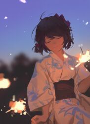 Rule 34 | 1girl, absurdres, black hair, blue sky, bow, closed eyes, closed mouth, fireworks, highres, hyxifeng, japanese clothes, night, night sky, outdoors, red bow, senkou hanabi, short hair, simple background, sitting, sky, smile, solo, sparkler, wide sleeves