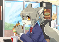 Rule 34 | 1boy, 1girl, :t, absurdres, animal ears, bow, bowtie, brown eyes, building, burger, cheese, cup, drinking straw, eating, food, food on face, formal, furry, grey fur, grey hair, highres, holding, holding food, indoors, jacket, konazarame, lettuce, looking at viewer, mcdonald&#039;s, original, reflection, sideways glance, suit, suit jacket, tail, tray, window, wolf ears, wolf tail