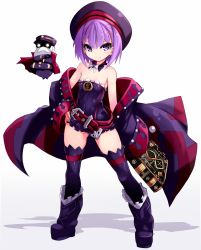 Rule 34 | 1girl, bare shoulders, belt, black thighhighs, blush, book, detached sleeves, fate/grand order, fate (series), flat chest, full body, hat, helena blavatsky (fate), helena blavatsky (third ascension) (fate), highres, karukan (monjya), looking at viewer, purple eyes, purple hair, sefirot, short hair, smile, solo, strapless, thighhighs