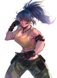 Rule 34 | 1girl, arm pouch, biceps, black gloves, blue eyes, blue hair, breasts, camouflage, camouflage pants, crop top, dog tags, earrings, gloves, jewelry, leona heidern, muscular, muscular female, pants, ponytail, rattlepool, simple background, sleeveless, soldier, solo, tank top, teeth, the king of fighters, the king of fighters xv, triangle earrings, white background, yellow tank top
