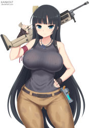 Rule 34 | 10s, 1girl, assault rifle, bare shoulders, black hair, blue eyes, breasts, camouflage, camouflage pants, cosplay, covered erect nipples, crossover, dog tags, explosive, fingerless gloves, fortnite, gloves, gluteal fold, grenade, gun, hand on own hip, ikaruga (senran kagura), kainkout, large breasts, light smile, long hair, pants, ramirez (fortnite), ramirez (fortnite) (cosplay), rifle, senran kagura, solo, thighs, very long hair, weapon