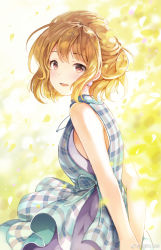Rule 34 | 1girl, :d, arms behind back, bare arms, bare shoulders, brown hair, checkered clothes, checkered dress, commentary, dress, earrings, highres, jewelry, looking at viewer, open mouth, original, petals, pink eyes, sibyl, smile, solo, standing