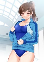 Rule 34 | 1girl, blue one-piece swimsuit, breasts, brown hair, competition swimsuit, gen (enji), highres, idolmaster, idolmaster cinderella girls, idolmaster cinderella girls starlight stage, indoors, jacket, large breasts, nitta minami, one-piece swimsuit, ponytail, swimsuit, undressing, unzipping