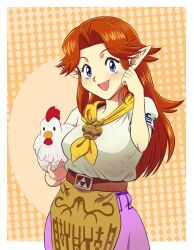 Rule 34 | 1girl, ascot, belt, bird, blue eyes, breasts, brown hair, brown ascot, chicken, cucco, dress, hecticarts, highres, light blush, malon, medium breasts, nintendo, parted bangs, pointy ears, purple dress, short sleeves, solo, the legend of zelda, the legend of zelda: ocarina of time, yellow ascot