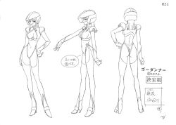 Rule 34 | 00s, 1girl, ass, back, breasts, character sheet, female focus, formal, from behind, from front, from side, fujimura shizuru, full body, helmet, kimura takahiro, large breasts, leotard, long hair, looking at viewer, monochrome, official art, scan, shinkon gattai godannar!!, simple background, smile, solo, suit, thong leotard, white background