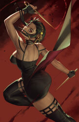 Rule 34 | 1girl, bare shoulders, black dress, black hair, breasts, cleavage, dagger, dress, earrings, flower, gloves, gold earrings, gold hairband, hair ornament, hairband, highres, holding, holding dagger, holding knife, holding weapon, jewelry, knife, large breasts, long hair, looking at viewer, red eyes, rim jims, sidelocks, solo, spy x family, stiletto (weapon), two-sided dress, two-sided fabric, weapon, yor briar