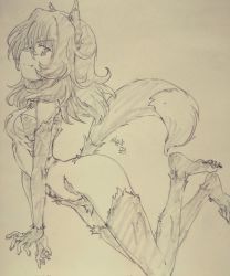 Rule 34 | 1girl, andou (girls und panzer), animal costume, animal ears, artist name, breasts, claws, closed mouth, commentary, corrupted twitter file, dated, erakin, fang, floating, from side, fur bikini, fur gloves, girls und panzer, graphite (medium), highres, kemonomimi mode, legs up, looking at viewer, medium breasts, medium hair, messy hair, signature, sketch, smile, solo, tail, thighhighs, traditional media, wolf costume, wolf ears, wolf tail