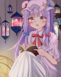 Rule 34 | blush, book, crescent, dress, hat, highres, holding, holding book, korira, long hair, mob cap, open mouth, patchouli knowledge, purple eyes, purple hair, sitting, solo, striped clothes, striped dress, touhou, vertical-striped clothes, vertical-striped dress, very long hair