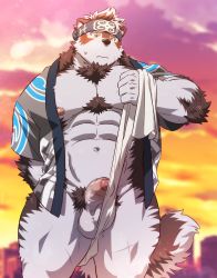 Rule 34 | 1boy, animal ears, bara, bare pectorals, body hair, brown fur, censored, dog boy, dog ears, dog tail, facial hair, flaccid, full body, fundoshi, fundoshi pull, furry, furry male, grey fur, highres, horkeu kamui, japanese clothes, male focus, manly, mosaic censoring, muscular, pectorals, penis, revealing clothes, rossciaco, short hair, solo, stretching, tail, testicles, thick thighs, thighs, tokyo houkago summoners, topless male, two-tone fur