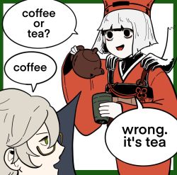 Rule 34 | 1boy, 1girl, :d, black eyes, blonde hair, blunt bangs, blunt ends, border, coffee or tea (meme), cowboy shot, cup, disembodied hand, donkey fgo, empty eyes, english text, fate/grand order, fate (series), flower knot, glasses, green border, green eyes, hair between eyes, hands on another&#039;s shoulders, holding, holding cup, holding teapot, ishida mitsunari (fate), japanese clothes, kimono, looking at another, meme, open mouth, outside border, red headwear, red kimono, sen no rikyu (fate), sen no rikyu (first ascension) (fate), short hair, simple background, smile, speech bubble, teapot, turtleneck, white background, yunomi