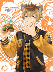 Rule 34 | 1boy, :3, :p, black shirt, blonde hair, blue eyes, brown hair, burger, buttons, closed mouth, commentary request, dated, doughnut, food, happy birthday, holding, holding burger, holding food, hyena boy, hyena ears, jacket, letterman jacket, long sleeves, looking at viewer, male focus, official alternate costume, orange background, plaid, plaid shirt, ruggie bucchi, shirt, short hair, simple background, smile, solo, tongue, tongue out, twisted wonderland, upper body, white background, yellow shirt, yupopo (hidame)