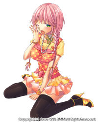 Rule 34 | 1girl, black thighhighs, bracelet, braid, breasts, dress, flower, green eyes, high heels, ichimatsu nana, jewelry, large breasts, long hair, nail polish, necklace, open shoes, original, pink hair, shoes, sitting, solo, thighhighs, twin braids, twintails, wariza, yawning