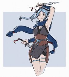 1girl alternate_costume arm_up armpits blue_hair blue_scarf closed_mouth cm_lynarc commentary dagger english_commentary fire_emblem fire_emblem_fates flora_(fire_emblem) forehead_protector grey_eyes holding holding_dagger holding_knife holding_weapon japanese_clothes knife light_smile looking_at_viewer ninja nintendo scarf solo twintails weapon