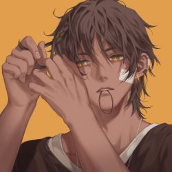 Rule 34 | 1boy, adjusting hair, arknights, bandaid, bandaid on cheek, bandaid on face, black hair, braid, braiding hair, commentary, dark-skinned male, dark skin, ear piercing, earclip, english commentary, hair between eyes, hair tie, hair tie in mouth, hairdressing, highres, jewelry, male focus, manjyufroth, mouth hold, necklace, orange background, piercing, portrait, side braid, simple background, solo, thorns (arknights), yellow eyes