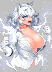 Rule 34 | 10s, animal ear fluff, animal ears, blue eyes, breasts, buttons, cleavage, clenched hands, collarbone, collared shirt, commentary request, cropped torso, dated, dress shirt, elbow gloves, eyelashes, fangs, gloves, glowing, glowing eyes, gradient hair, grey background, grey hair, happa (cloverppd), kemono friends, large breasts, long hair, looking away, multicolored hair, no bra, open mouth, shirt, short sleeves, signature, simple background, solo, tongue, upper body, white gloves, white hair, white shirt, white tiger (kemono friends), wing collar