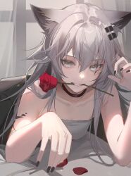 Rule 34 | 1girl, animal ears, arknights, bare shoulders, black choker, black nails, choker, commentary, flower, grey eyes, grey hair, grin, has bad revision, has downscaled revision, highres, indoors, kernel killer, lappland (arknights), long hair, looking at viewer, material growth, md5 mismatch, mouth hold, nail polish, oripathy lesion (arknights), red flower, red rose, resolution mismatch, rose, smile, solo, source smaller, strapless, teeth hold, tube top, wolf ears