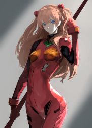 Rule 34 | 1girl, artist request, blue eyes, curvy, gradient background, grey background, hair between eyes, hand in own hair, highres, holding, holding weapon, interface headset, jittsu, lance of longinus (evangelion), long hair, neon genesis evangelion, pale skin, plugsuit, polearm, simple background, skin tight, smile, solo, souryuu asuka langley, spear, twintails, weapon