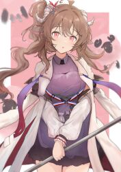 Rule 34 | 1girl, animal ears, arknights, blush, border, breasts, brown hair, coat, coat on shoulders, commentary, cowboy shot, dress, eyjafjalla (arknights), eyjafjalla the hvit aska (arknights), head tilt, highres, holding, holding staff, horns, lab coat, long hair, looking at viewer, medium breasts, parted lips, pink background, pink eyes, purple dress, sheep, sheep ears, sheep girl, sheep horns, sidelocks, simple background, solo, sora mame (princess 0sora), staff, white background, white coat