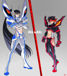 Rule 34 | 2boys, abs, absurdres, adapted costume, bad id, bad pixiv id, black eyes, black hair, boots, colored tips, copyright name, crossed arms, frown, full body, gender request, genderswap, gradient background, grey background, height difference, highres, junketsu, kill la kill, kiryuuin satsuki, long hair, male focus, matoi ryuuko, multicolored hair, multiple boys, muscular, ponytail, red hair, senketsu, skin tight, streaked hair, two-tone hair, white background, yd (orange maru)