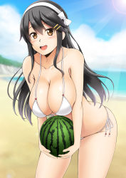 Rule 34 | 10s, 1girl, beach, bent over, bikini, black hair, blue sky, blush, breasts, brown eyes, carrying, cleavage, cloud, cloudy sky, collarbone, commentary request, day, food, fruit, fuuma nagi, hair ornament, hairband, hairclip, haruna (kancolle), horizon, kantai collection, large breasts, leaning forward, light rays, long hair, looking at viewer, ocean, open mouth, outdoors, revision, side-tie bikini bottom, skindentation, sky, smile, solo, standing, swimsuit, teeth, watermelon, white bikini, white hairband