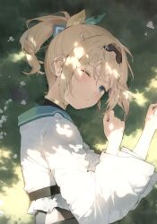 Rule 34 | 1girl, absurdres, blonde hair, blue eyes, blush, closed mouth, dot nose, from side, hair between eyes, hana mori, highres, hololive, kazama iroha, kazama iroha (1st costume), looking at viewer, lying, on grass, on side, one eye closed, ponytail, scan, sidelocks, solo, upper body, virtual youtuber, wide sleeves