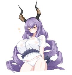 1girl absurdres arknights arms_behind_back black_hairband black_horns black_tail blush breasts closed_eyes closed_mouth commentary covered_erect_nipples cropped_legs doyagao english_commentary groin hair_between_eyes hairband highres horns large_breasts long_hair panties plume_(prun1541) purple_hair shirt short_sleeves smug solo sparkle standing sweat_stain t-shirt tail typhon_(arknights) underwear very_long_hair white_panties white_shirt