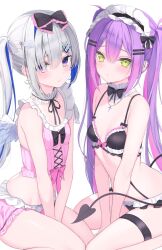 Rule 34 | 2girls, amane kanata, angel, angel wings, asymmetrical hair, bare shoulders, between legs, between thighs, bikini, black bikini, black bow, blue hair, blush, bow, breasts, choker, closed mouth, collarbone, colored inner hair, commentary, demon girl, demon tail, ear piercing, feathered wings, frilled choker, frills, green eyes, grey hair, hair between eyes, hair bow, hair ornament, hair over one eye, hairclip, hand between legs, highres, hololive, long hair, looking at viewer, maid, maid bikini, maid headdress, medium breasts, mini wings, multicolored hair, multiple girls, official alternate hair length, official alternate hairstyle, piercing, pink bikini, pink bow, pink hair, pointy ears, purple eyes, purple hair, sakura yunuto, sidelocks, simple background, sitting, small breasts, streaked hair, swimsuit, symbol-only commentary, tail, tareme, thigh strap, tokoyami towa, two side up, unconventional maid, virtual youtuber, wariza, white background, white wings, wings