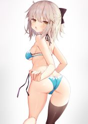 Rule 34 | 1girl, :o, absurdres, ahoge, ass, back, bikini, black ribbon, black thighhighs, blonde hair, blue bikini, blush, breasts, butt crack, commentary request, contrapposto, cowboy shot, fate/grand order, fate (series), from behind, gloves, hair between eyes, hair ribbon, half updo, highres, koha-ace, looking at viewer, looking back, medium breasts, okita souji (fate), okita souji (koha-ace), one side up, open mouth, ribbon, short hair, shoulder blades, sideboob, simple background, skindentation, solo, standing, stomach, sweatdrop, swimsuit, thighhighs, thighs, tomo (ryo i so ), white background, yellow eyes