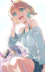 Rule 34 | 1girl, :d, amano pikamee, aqua eyes, blue hair, blue shorts, breasts, collarbone, commentary, english commentary, gyari (bird), hair between eyes, hews, highres, looking at viewer, medium breasts, open mouth, sharp teeth, shirt, short hair, shorts, smile, solo, teeth, upper teeth only, virtual youtuber, voms, white shirt